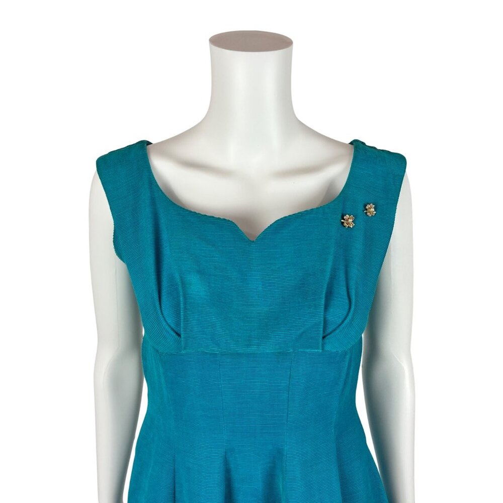 Vintage 50s Corduroy Dress Women's XXS Blue Bow Back Empire Bust Cocktail Fit & - Picture 3 of 10